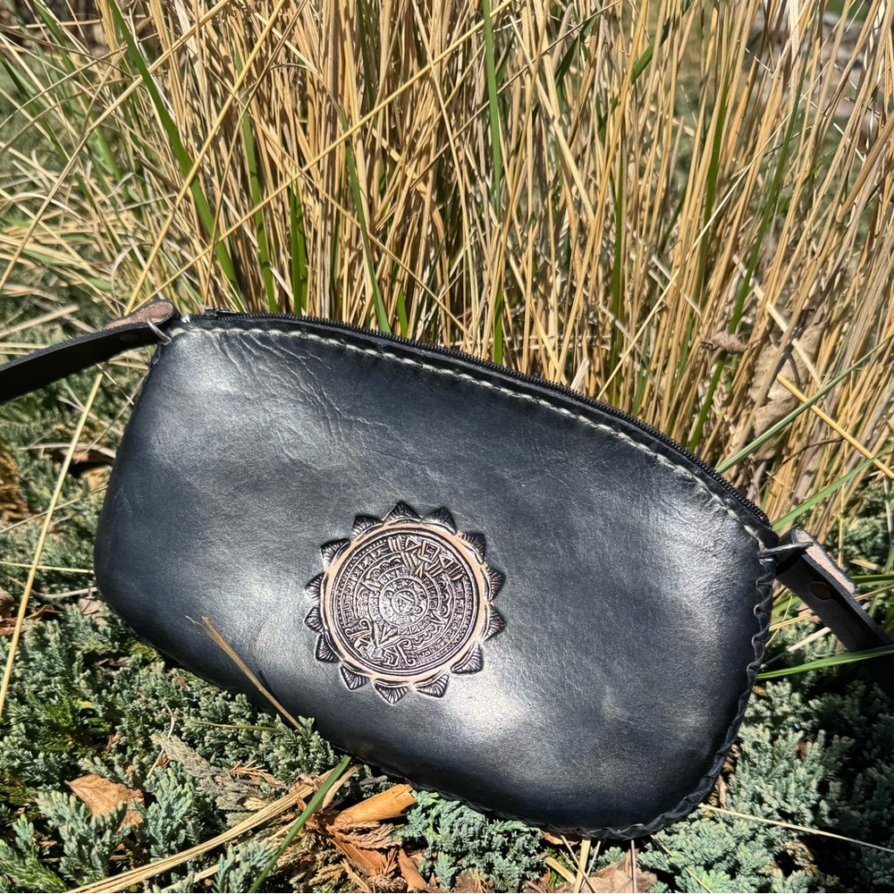 Black Leather Crossbody Bag with Aztec Calendar